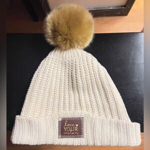 Love Your Melon Ivory Knit Hat with Brown Pom